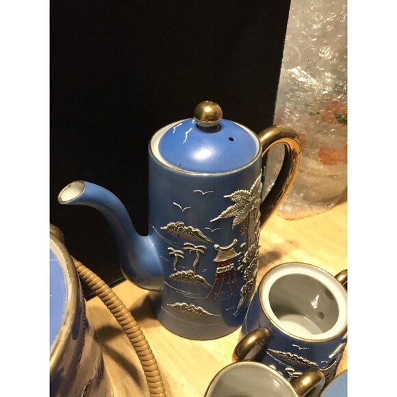 1920s Morimura Japan Moriage Tea Set Coffee Island Palm Trees Pagoda Gaudy Blue - Picture 13 of 16